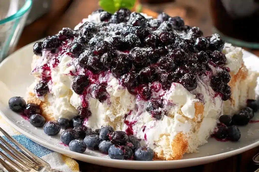 A slice of homemade {{ $('Fetch Recipe Data').first().json["Main Keyword"] }} topped with whipped cream, a rich blueberry sauce, and fresh blueberries.