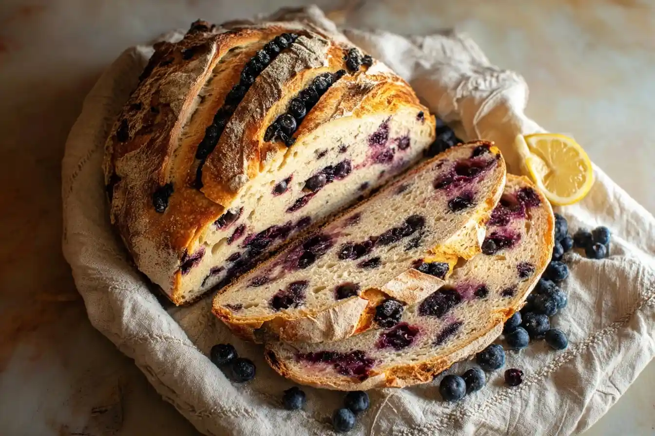 Sliced loaf of lemon blueberry sourdough bread on a linen cloth with fresh blueberries and a lemon wedge.