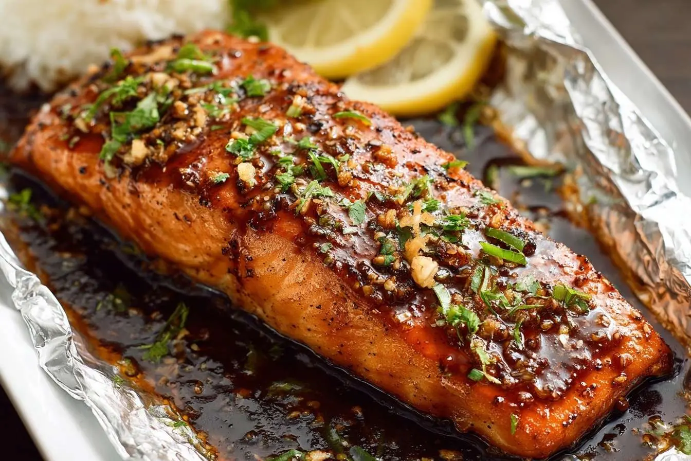 A perfectly cooked fillet of baked salmon in foil, topped with a garlic herb glaze and served with lemon.