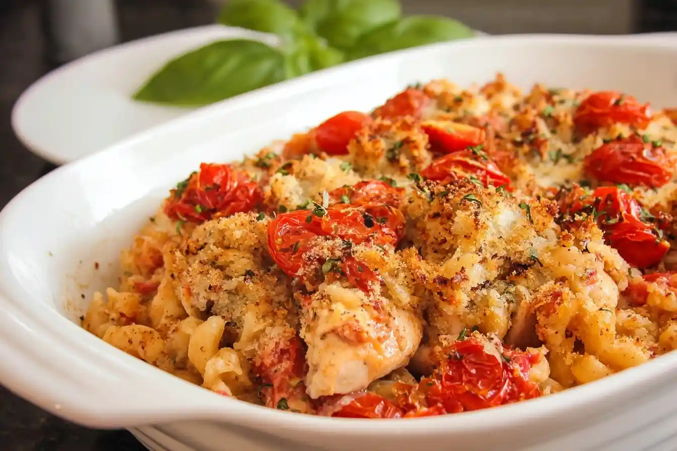 Close-up of a golden Chicken Tomato Pasta Bake in a white baking dish topped with roasted cherry tomatoes and breadcrumbs.
