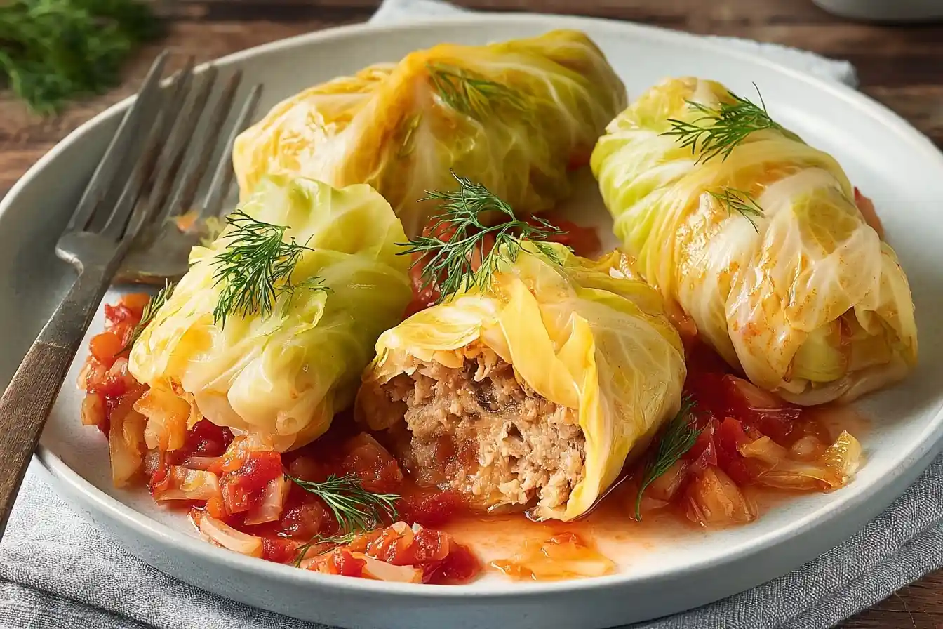 Close-up of four stuffed cabbage rolls on a plate with savory tomato sauce and fresh dill garnish.