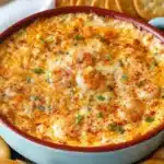 A close-up of a cheesy, baked Hot Shrimp Dip in a ceramic dish, garnished with herbs and served with crackers on the side.