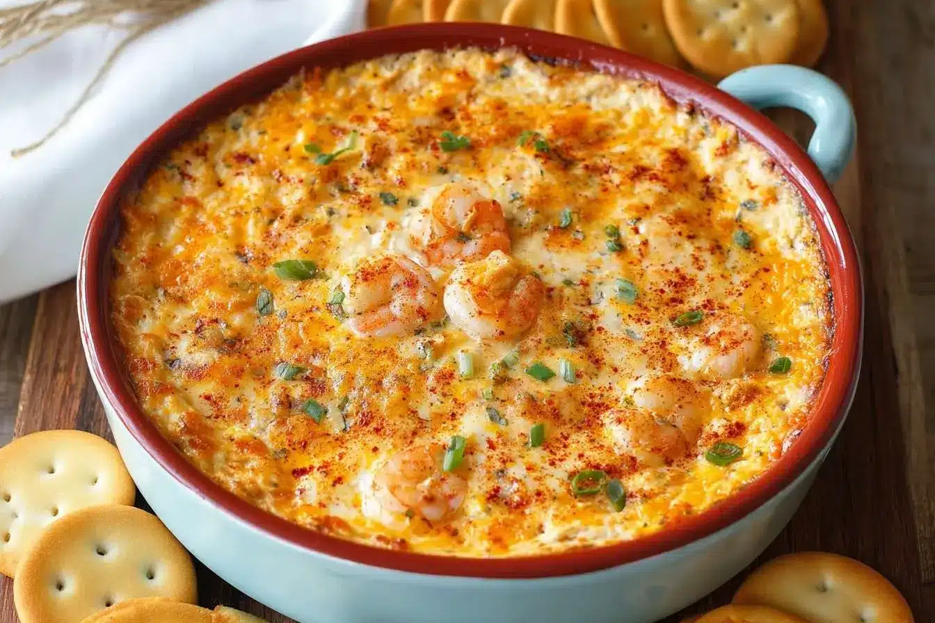 A close-up of a cheesy, baked Hot Shrimp Dip in a ceramic dish, garnished with herbs and served with crackers on the side.