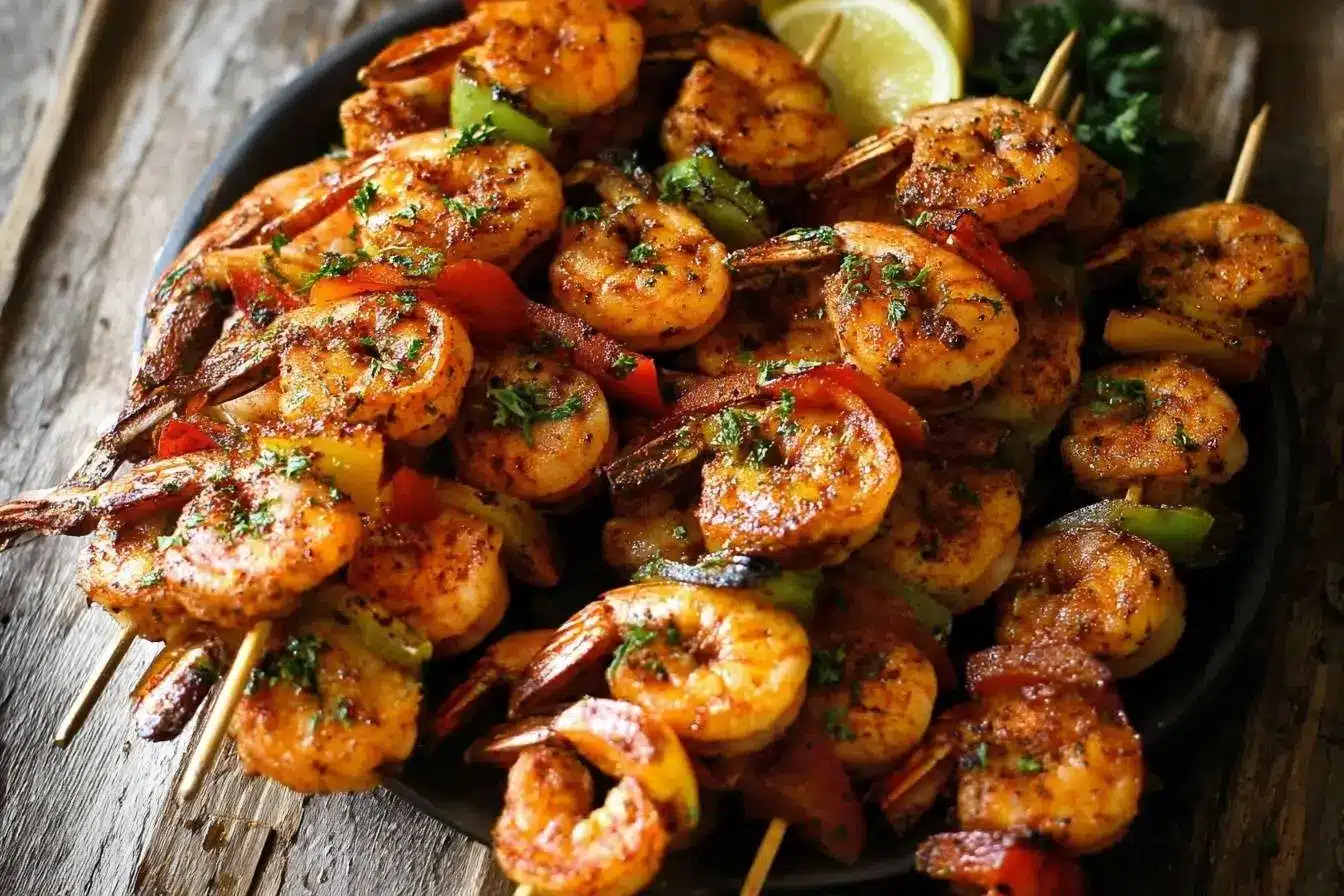 A platter of perfectly seasoned Grilled Shrimp Skewers, garnished with fresh parsley and served with lemon wedges.