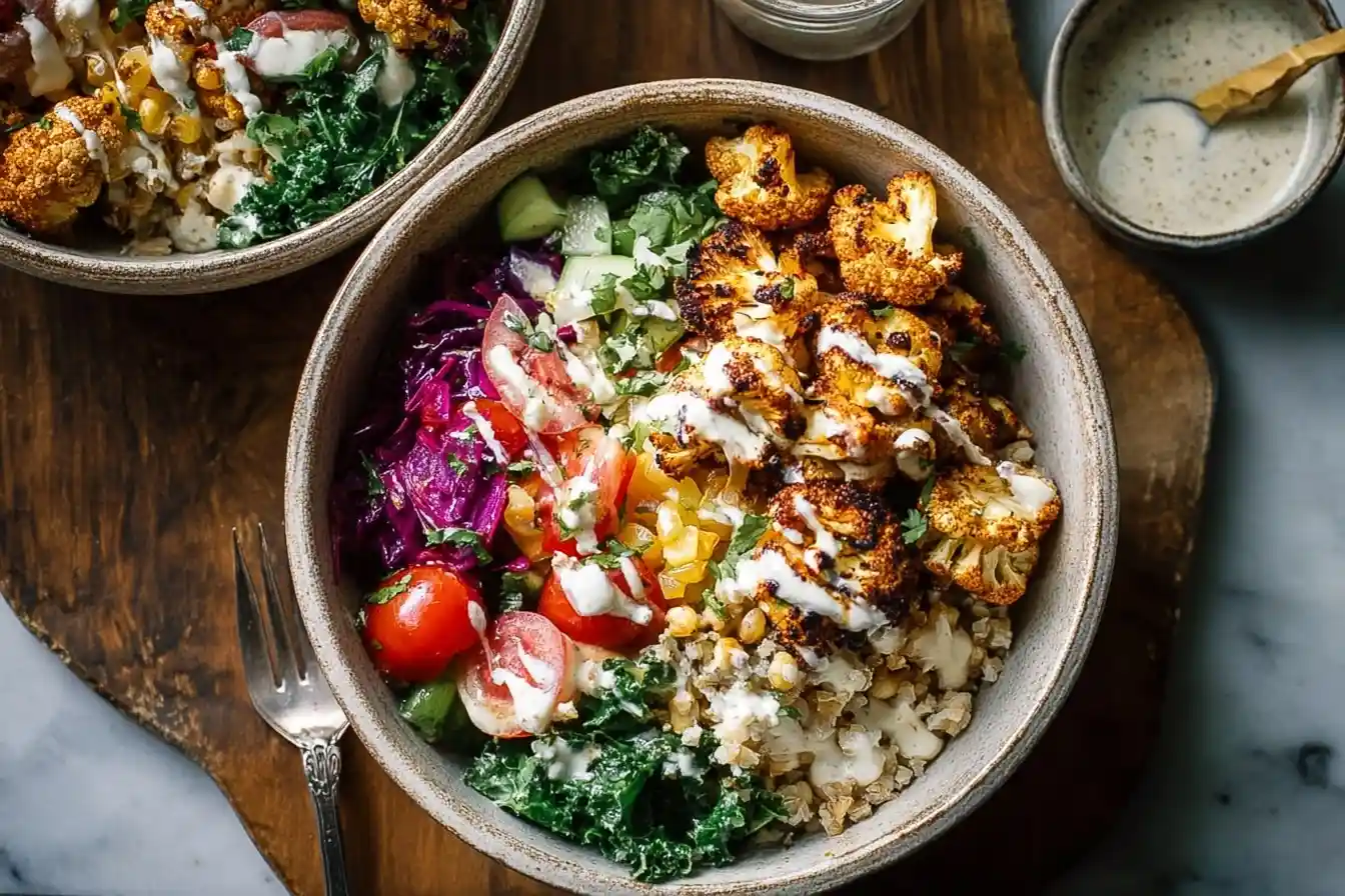 Top-down view of a vibrant Roasted Cauliflower Bowl with kale, quinoa, red cabbage, and creamy dressing.