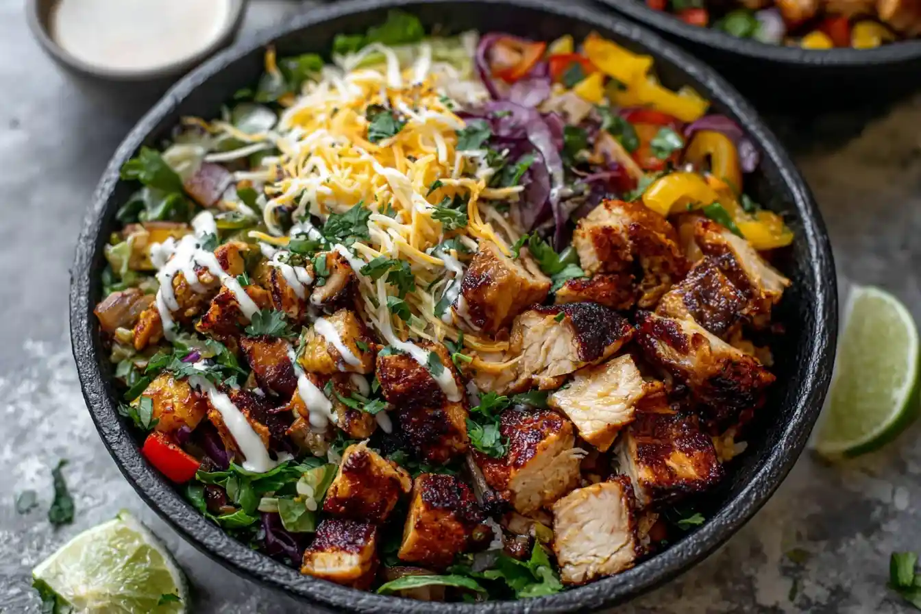 Close-up overhead view of a loaded Chicken Burrito Bowl with grilled chicken, cheese, peppers, and lime wedges.
