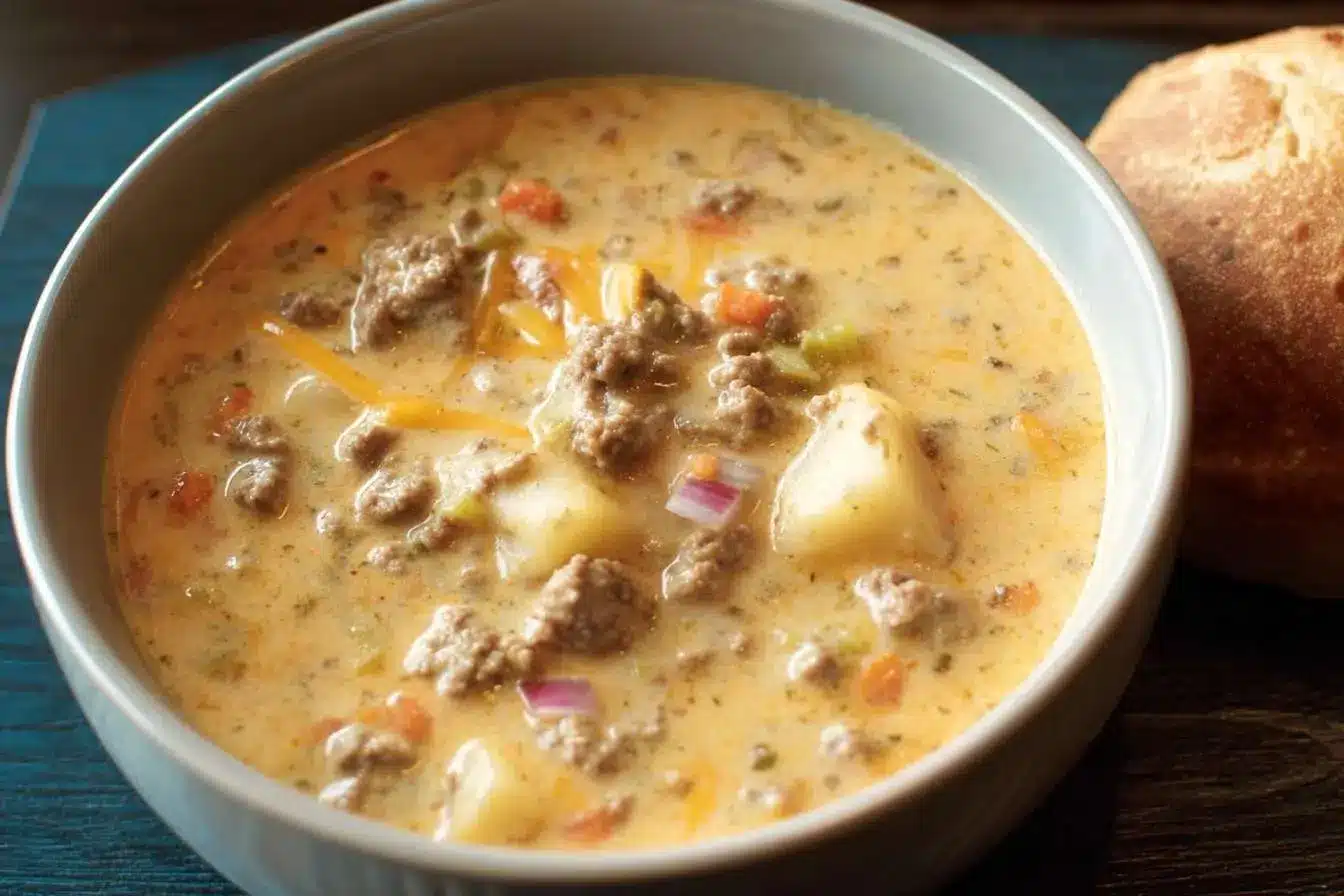 A comforting bowl of creamy Cheeseburger Soup loaded with ground beef, potatoes, and melted cheese, with a roll on the side.