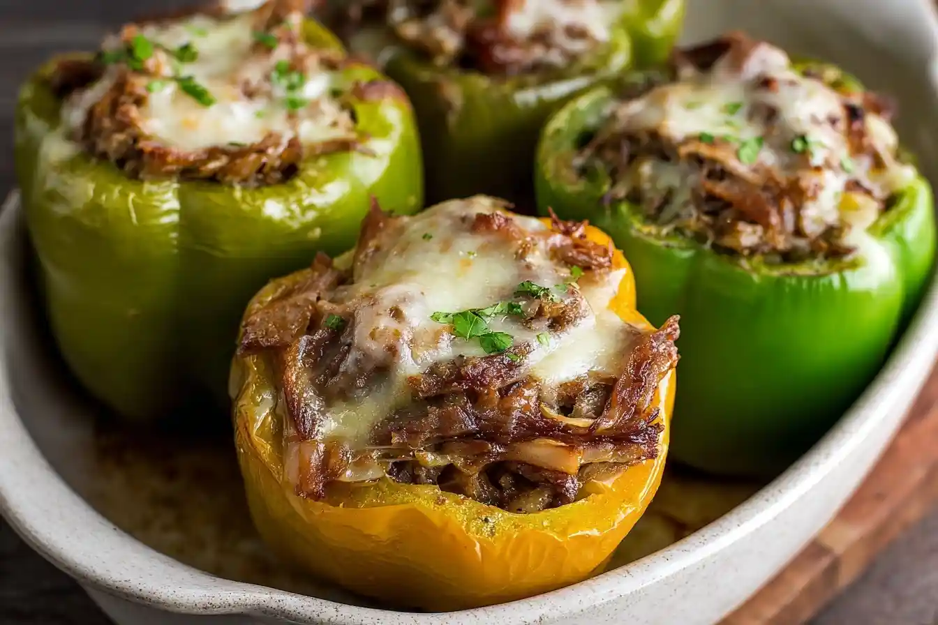 Close-up of baked Philly Cheesesteak Stuffed Peppers topped with melted cheese in a white dish