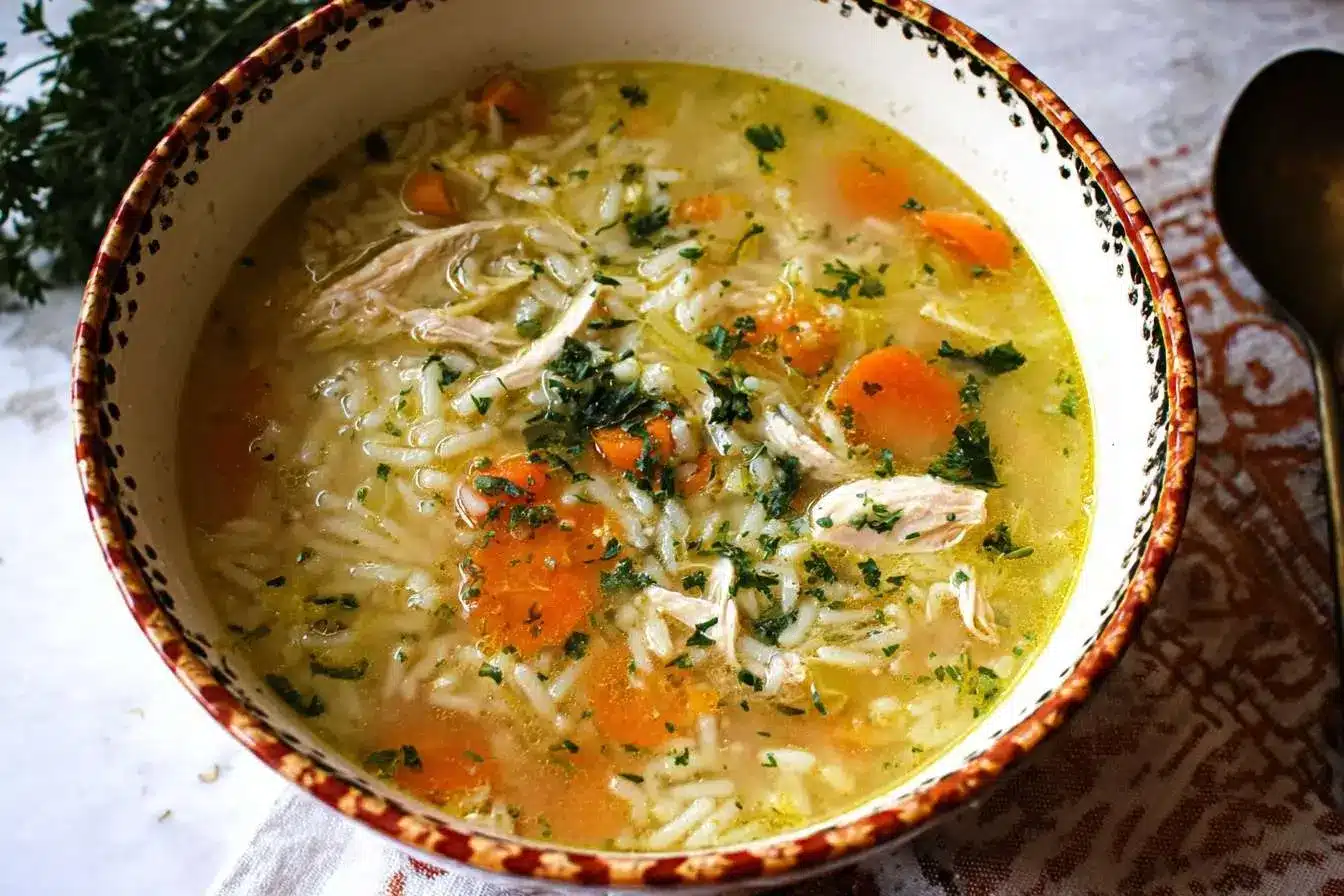 A hearty bowl of homemade chicken and rice soup with shredded chicken, carrots, and parsley in a rustic ceramic bowl.