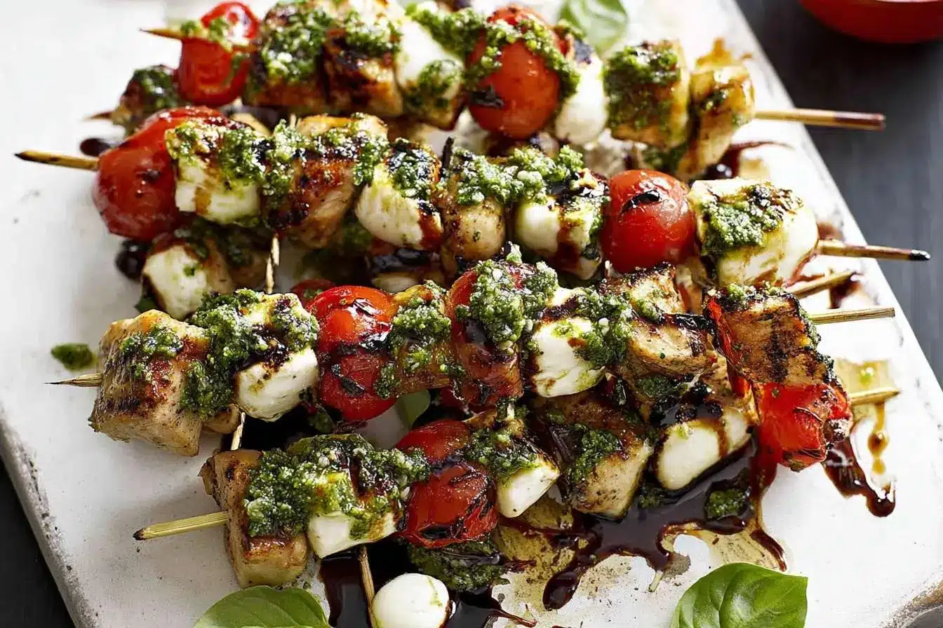 A close-up of grilled Chicken Caprese Skewers with tomatoes and mozzarella, drizzled with pesto and balsamic glaze.