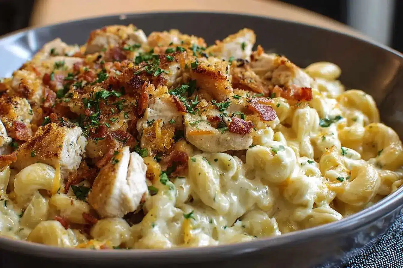 A close-up shot of a hearty bowl of chicken bacon ranch mac and cheese, topped with crispy bacon bits and fresh parsley.