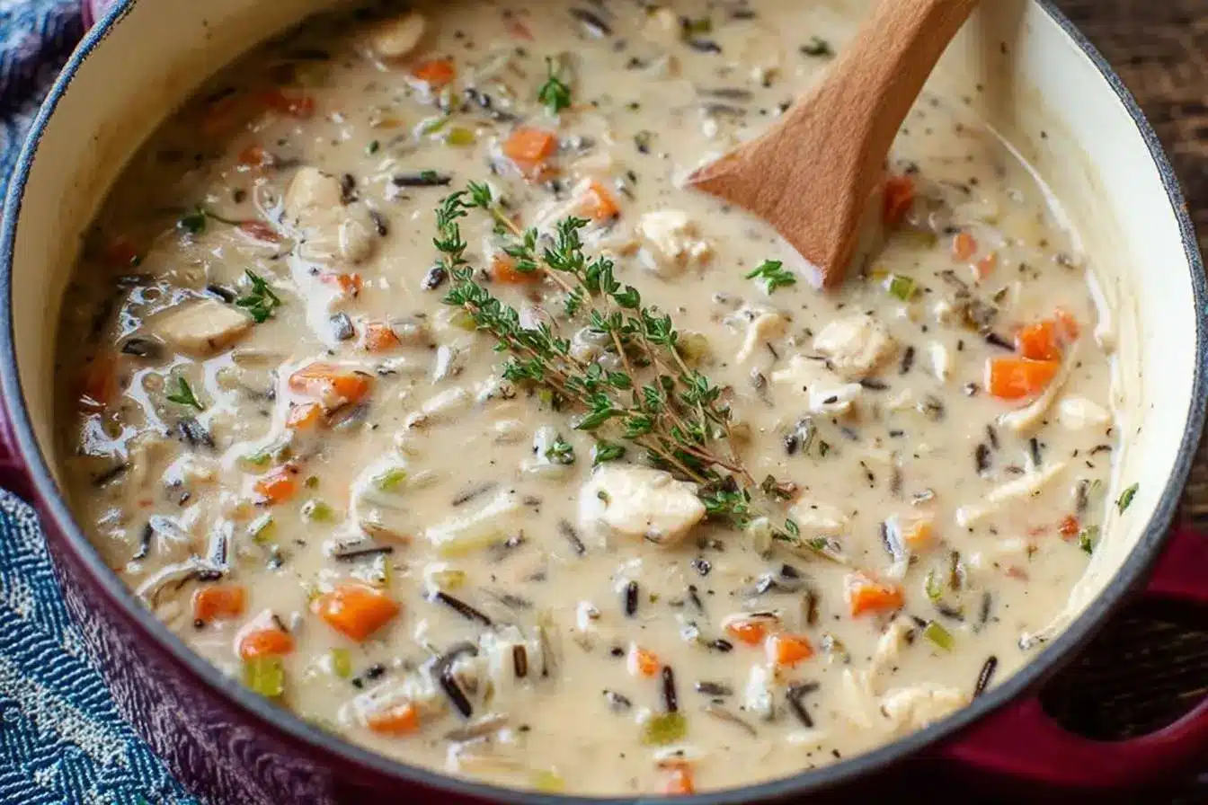 A large pot of homemade Creamy Chicken and Wild Rice Soup with a wooden spoon and a sprig of fresh thyme.
