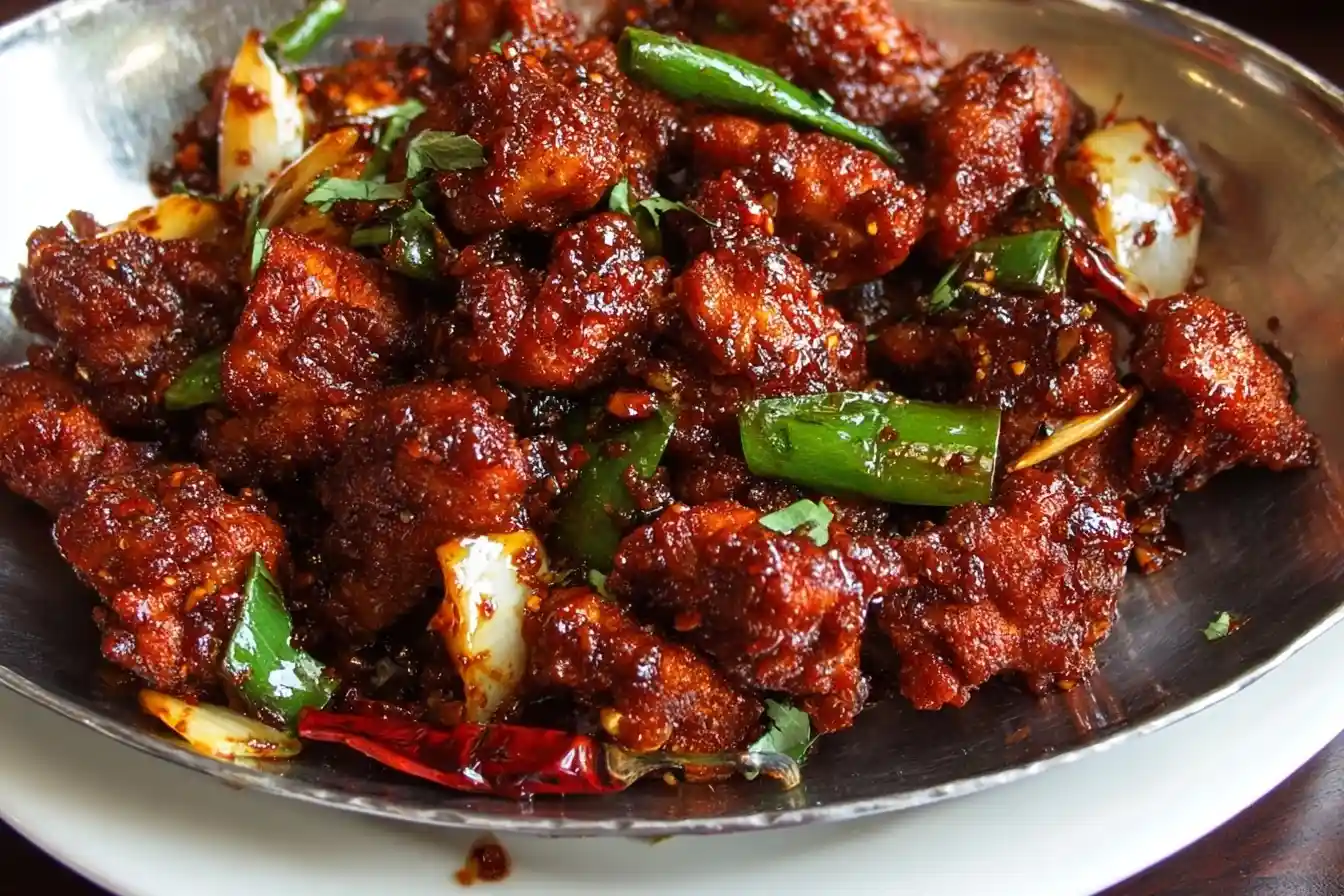 Close-up of crispy dry Gobi Manchurian garnished with fresh green chilies and onions in a metal bowl.