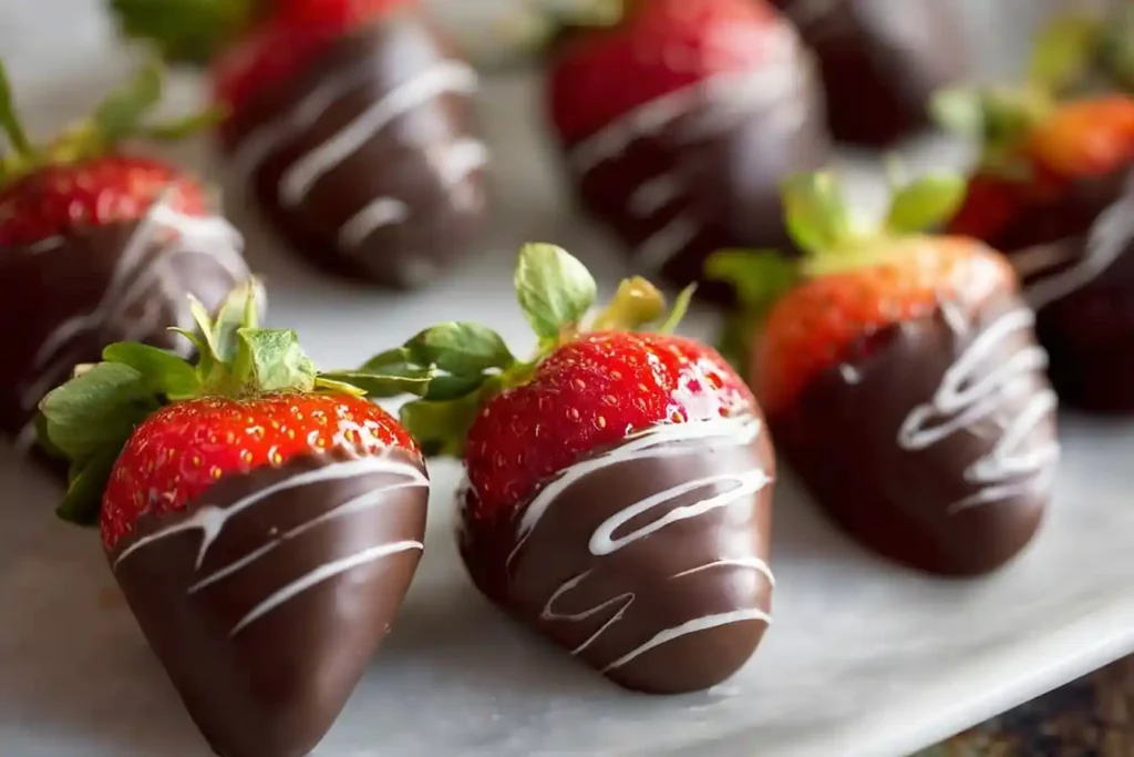 Close-up of fresh chocolate covered strawberries with white chocolate drizzle on a marble surface