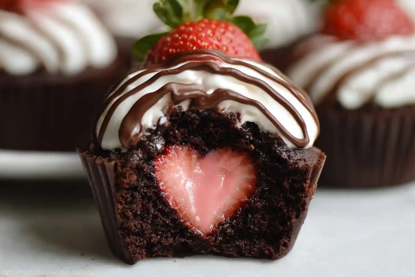 Cross-section of chocolate strawberry cupcakes revealing a heart-shaped strawberry center and cream topping