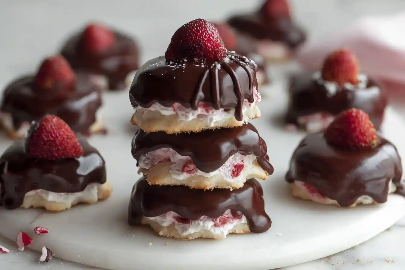 A stack of three chocolate covered strawberry cookies with cream filling and a fresh strawberry on top.