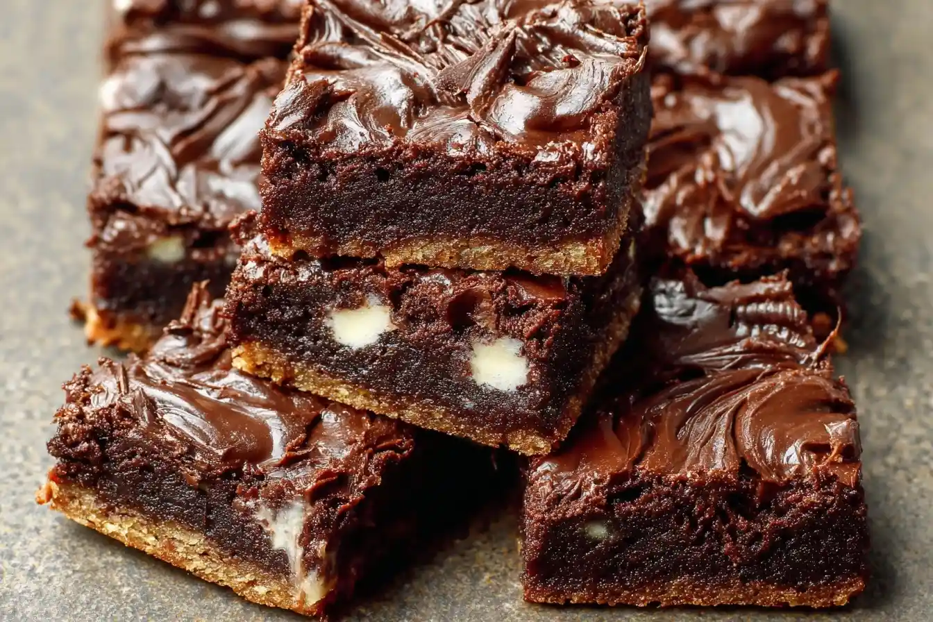 Stack of fudgy shortbread brownies with a buttery crust and swirled chocolate frosting