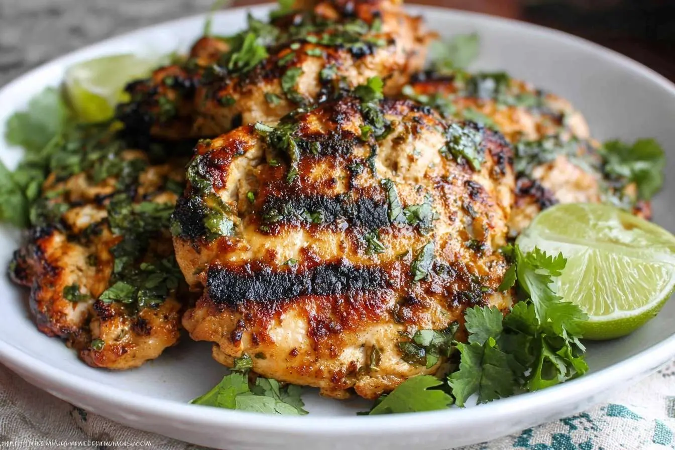 A platter of grilled Cilantro Lime Chicken, garnished with fresh cilantro and served with bright lime wedges.