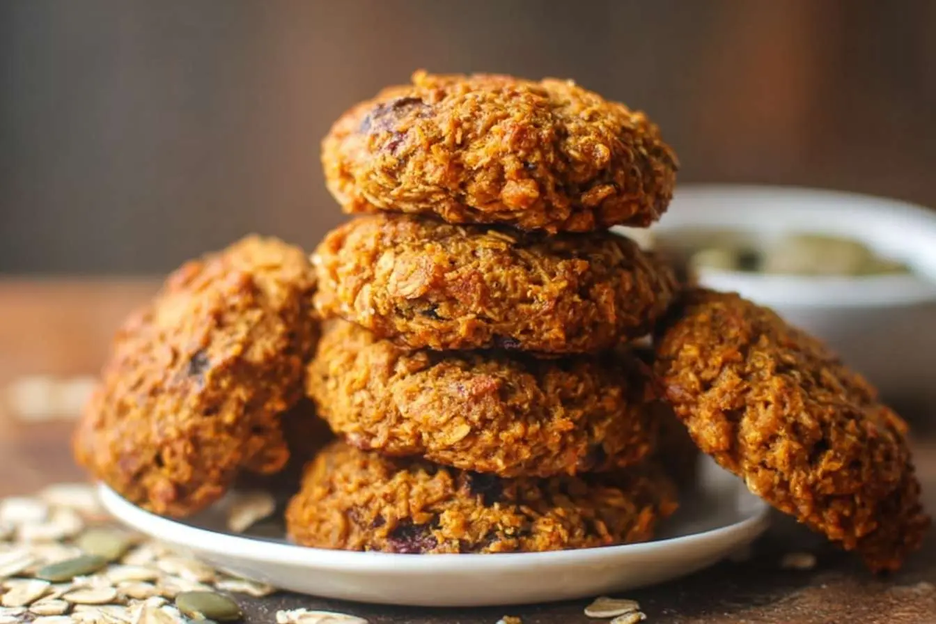 A close-up shot of a stack of pumpkin oatmeal cookies on a small white plate, with oats and seeds scattered around.