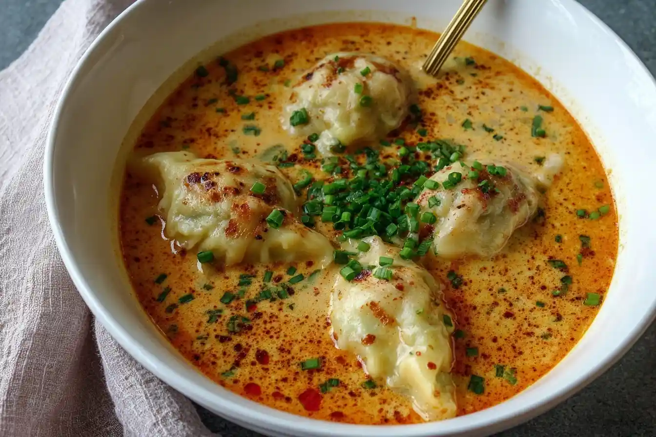 Overhead view of creamy Spicy Wonton Soup with dumplings, chili oil, and chives in a white bowl.