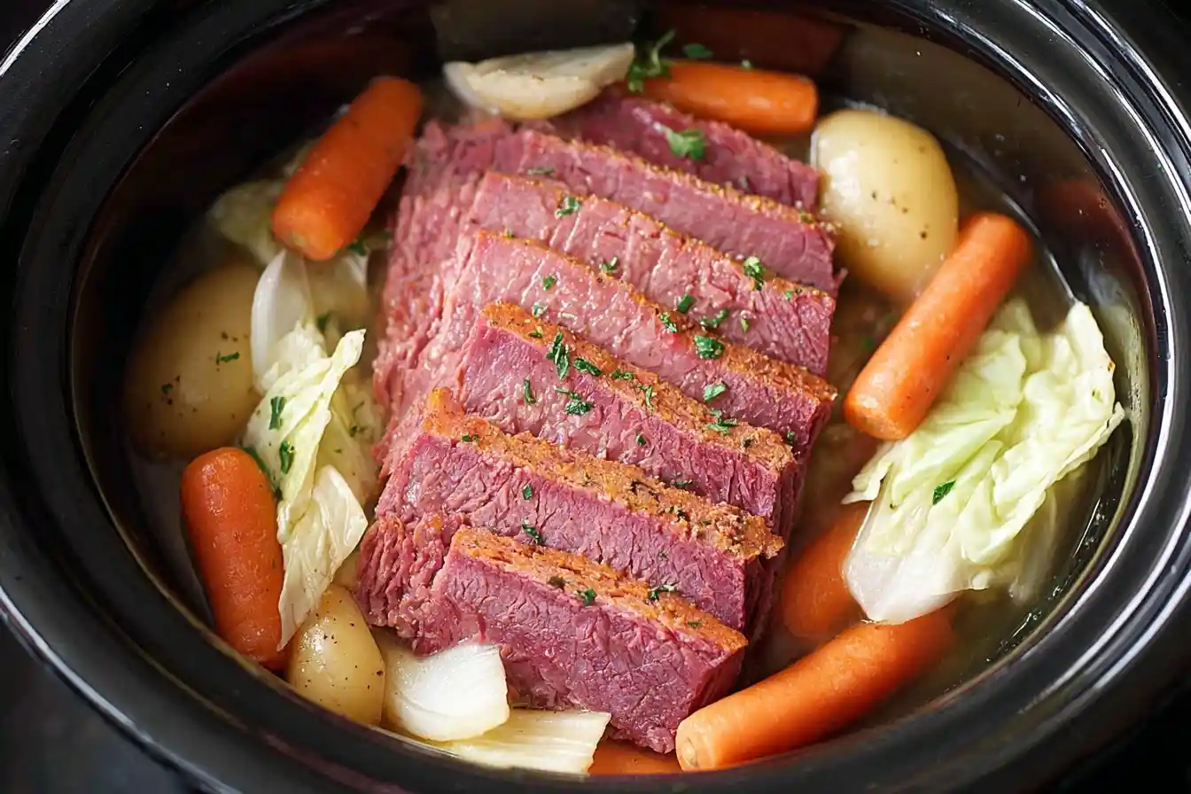 Sliced Slow Cooker Corned Beef with carrots, potatoes, and cabbage in a black pot.