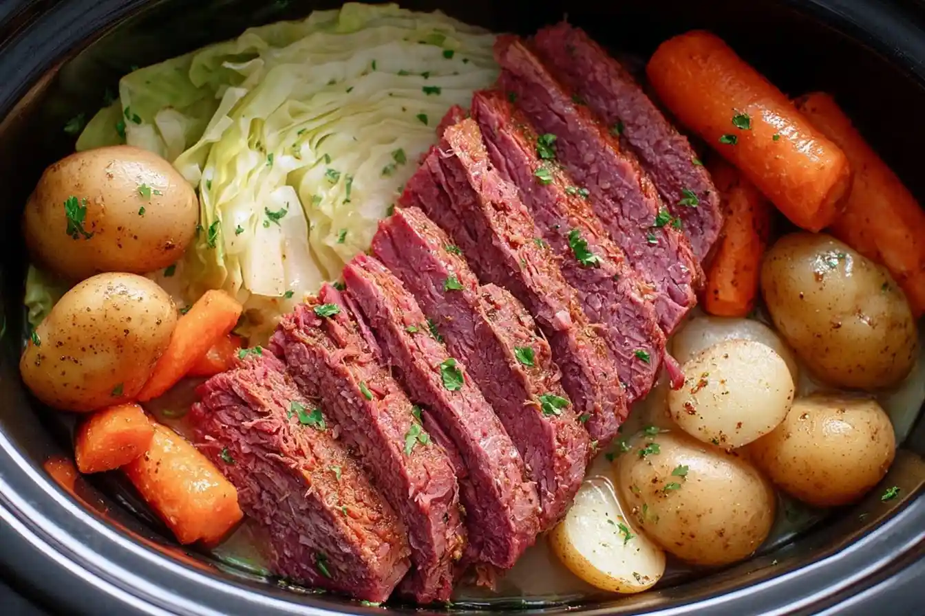 Sliced Slow Cooker Corned Beef brisket served with cabbage, carrots, and potatoes in a pot.