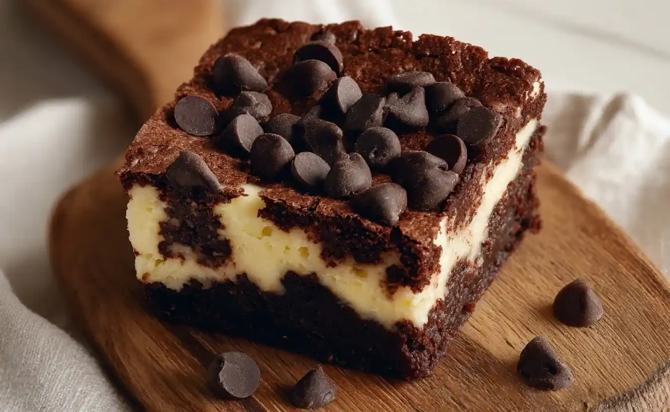 Close-up of a square cottage cheese brownies bar with a creamy white filling and chocolate chips on a wooden board.