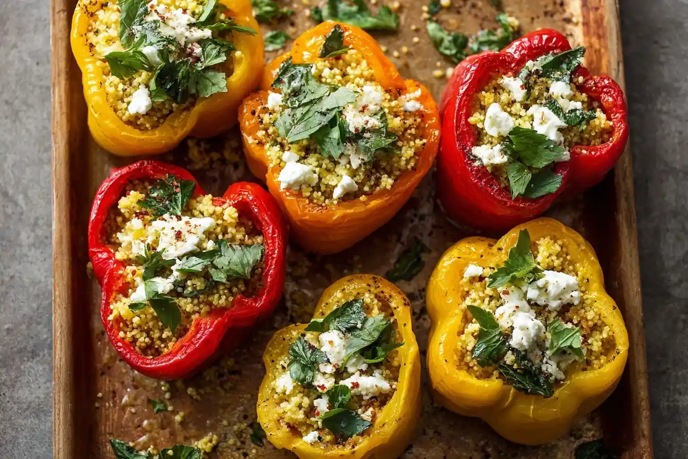 Overhead view of roasted Couscous Stuffed Peppers topped with feta cheese and fresh herbs on a baking sheet.