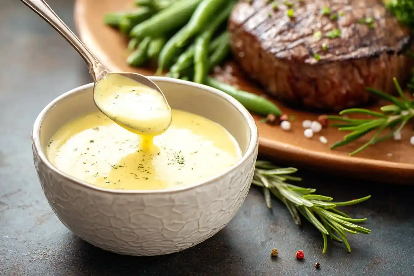Silver spoon lifting creamy Béarnaise sauce from a white bowl, with grilled steak and green beans in the background.
