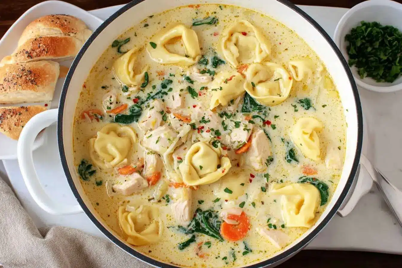A white pot of creamy chicken tortellini soup with spinach and carrots, served with fresh bread on the side.