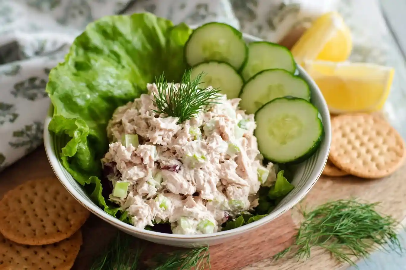 Bowl of creamy tuna salad garnished with fresh dill, served with cucumber slices and crackers.
