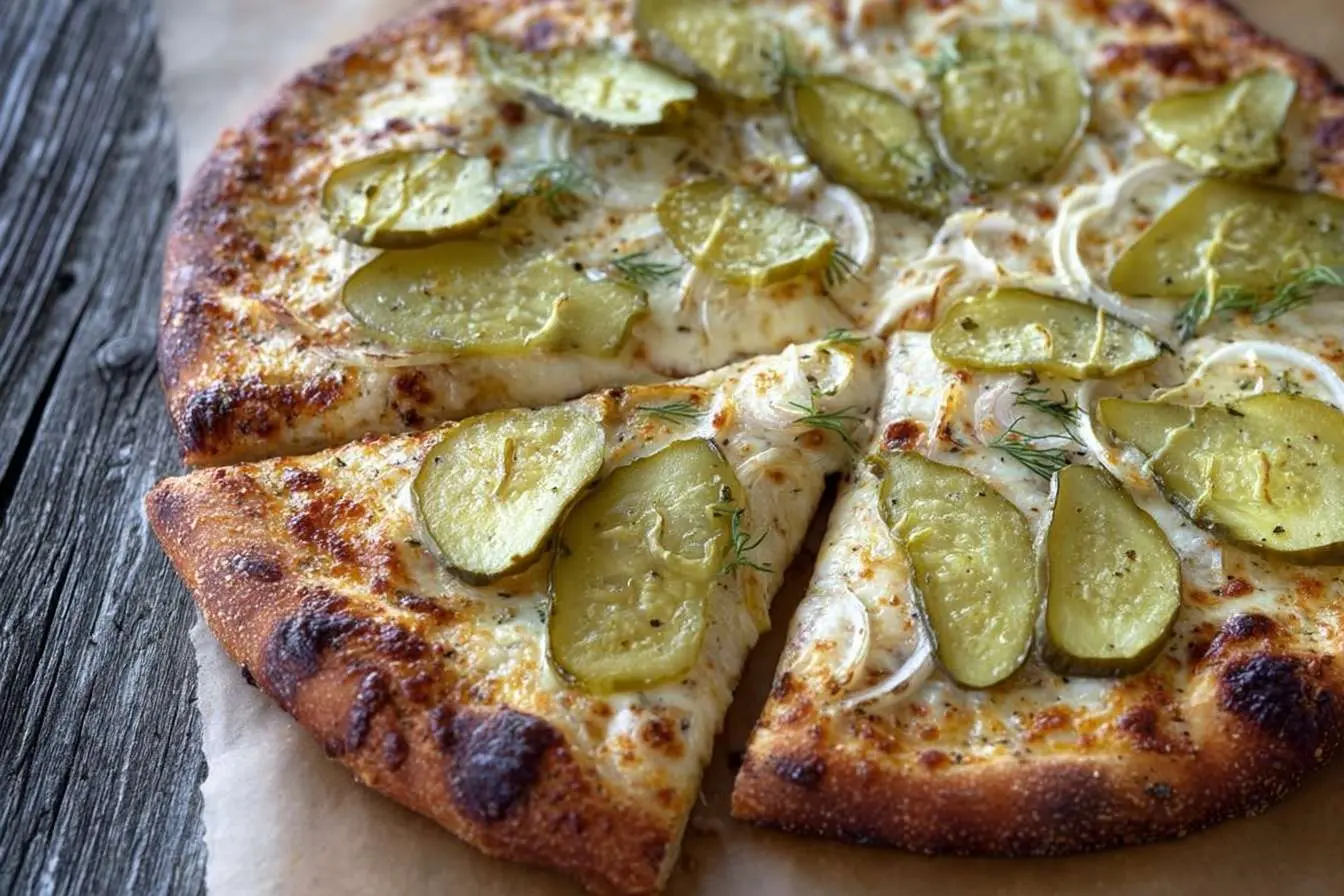 A close-up of a homemade Dill Pickle Pizza with a slice cut, topped with melted cheese, onions, and fresh dill.