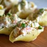 A close-up shot of Creamy Stuffed Shells with a savory shrimp and herb filling, served on a wooden board.