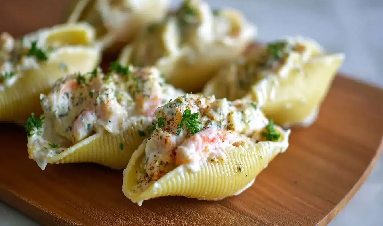 A close-up shot of Creamy Stuffed Shells with a savory shrimp and herb filling, served on a wooden board.