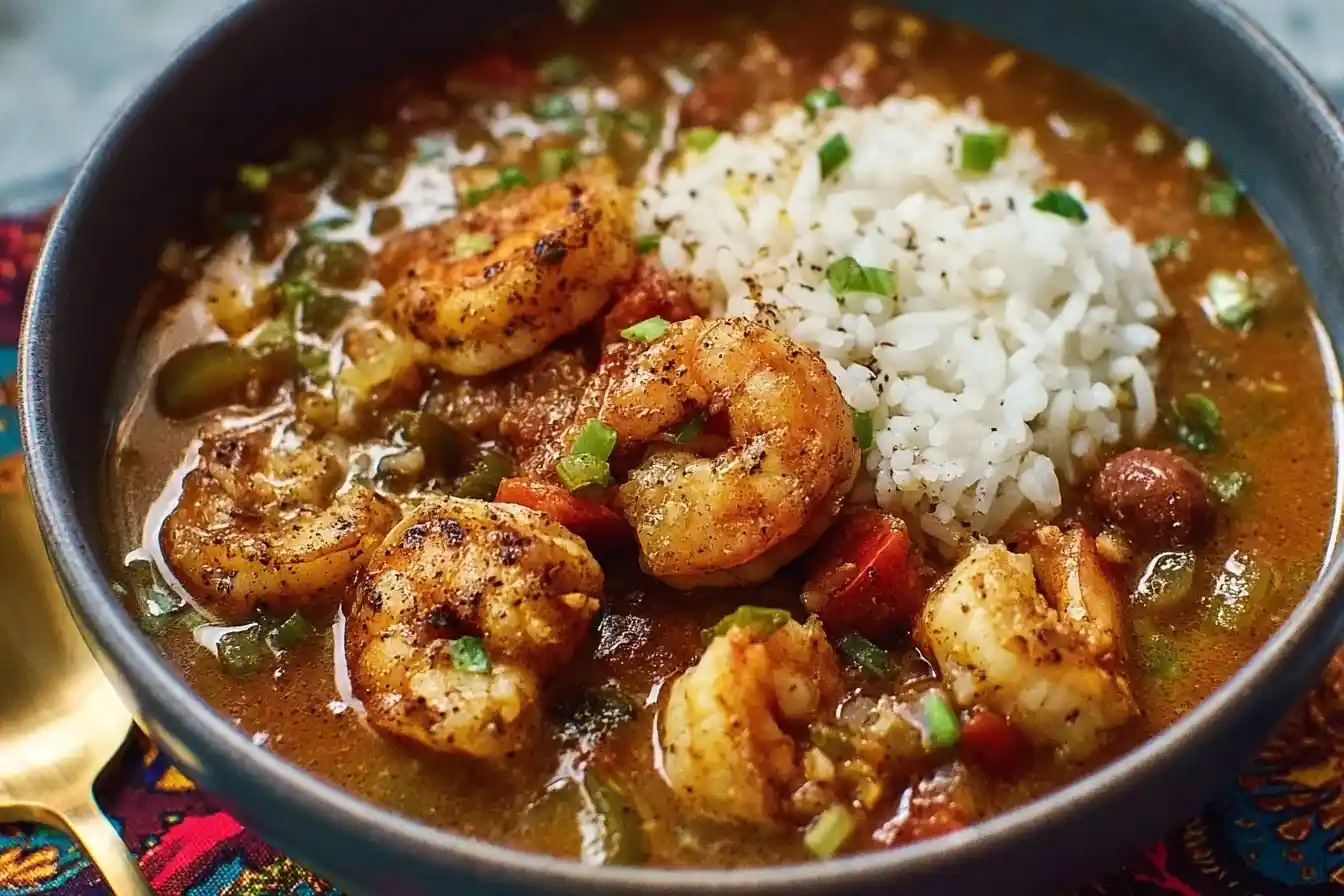 A close-up view of a bowl of hearty shrimp gumbo loaded with shrimp, sausage, and topped with white rice.