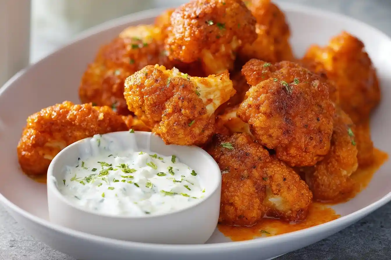 Close-up of roasted Buffalo Cauliflower florets in a white bowl served with a side of creamy ranch dipping sauce.
