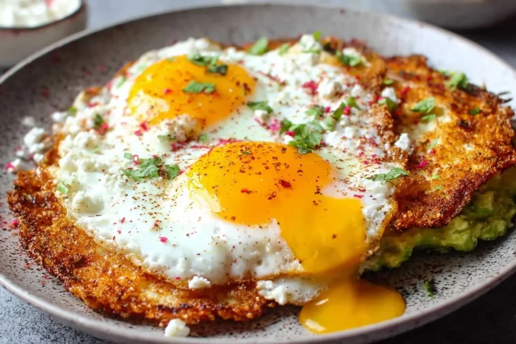 A close-up of crispy Feta Fried Eggs with runny yolks, topped with fresh herbs and spices, served in a rustic bowl.