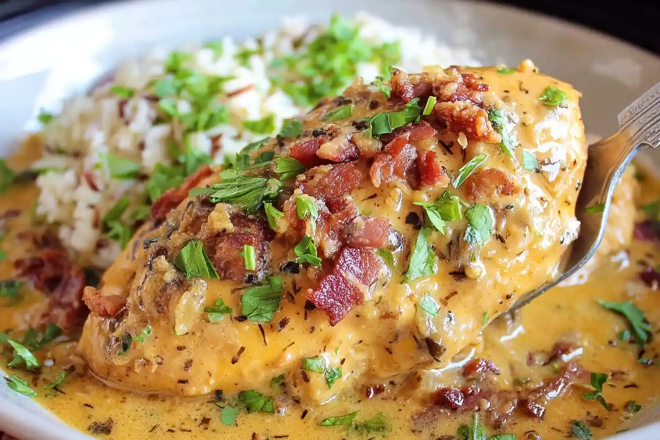 Spoon lifting a bite of creamy honey mustard chicken topped with crispy bacon and fresh parsley.