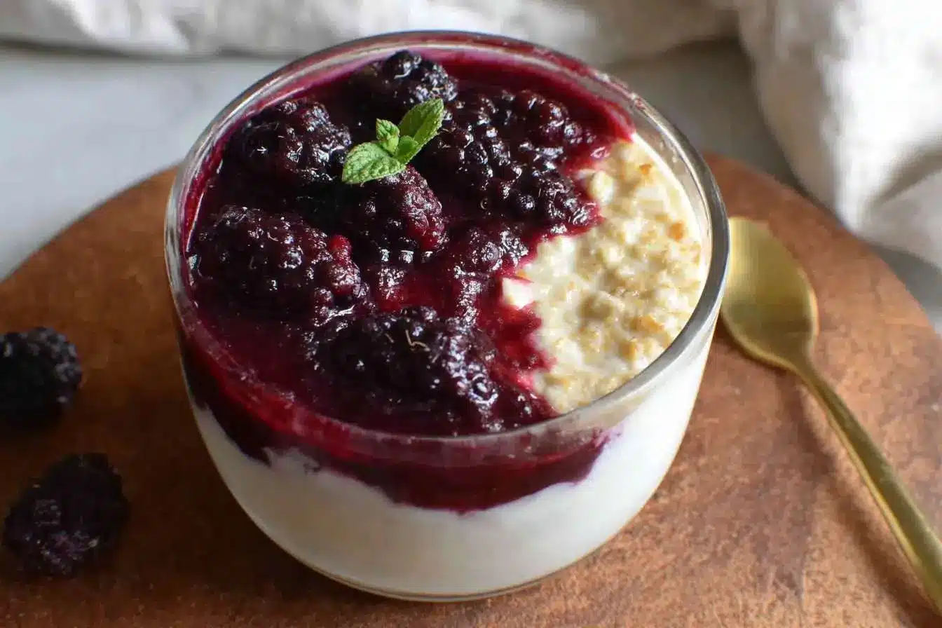 A glass of layered blackberry overnight oats topped with a vibrant blackberry compote and a fresh mint sprig.