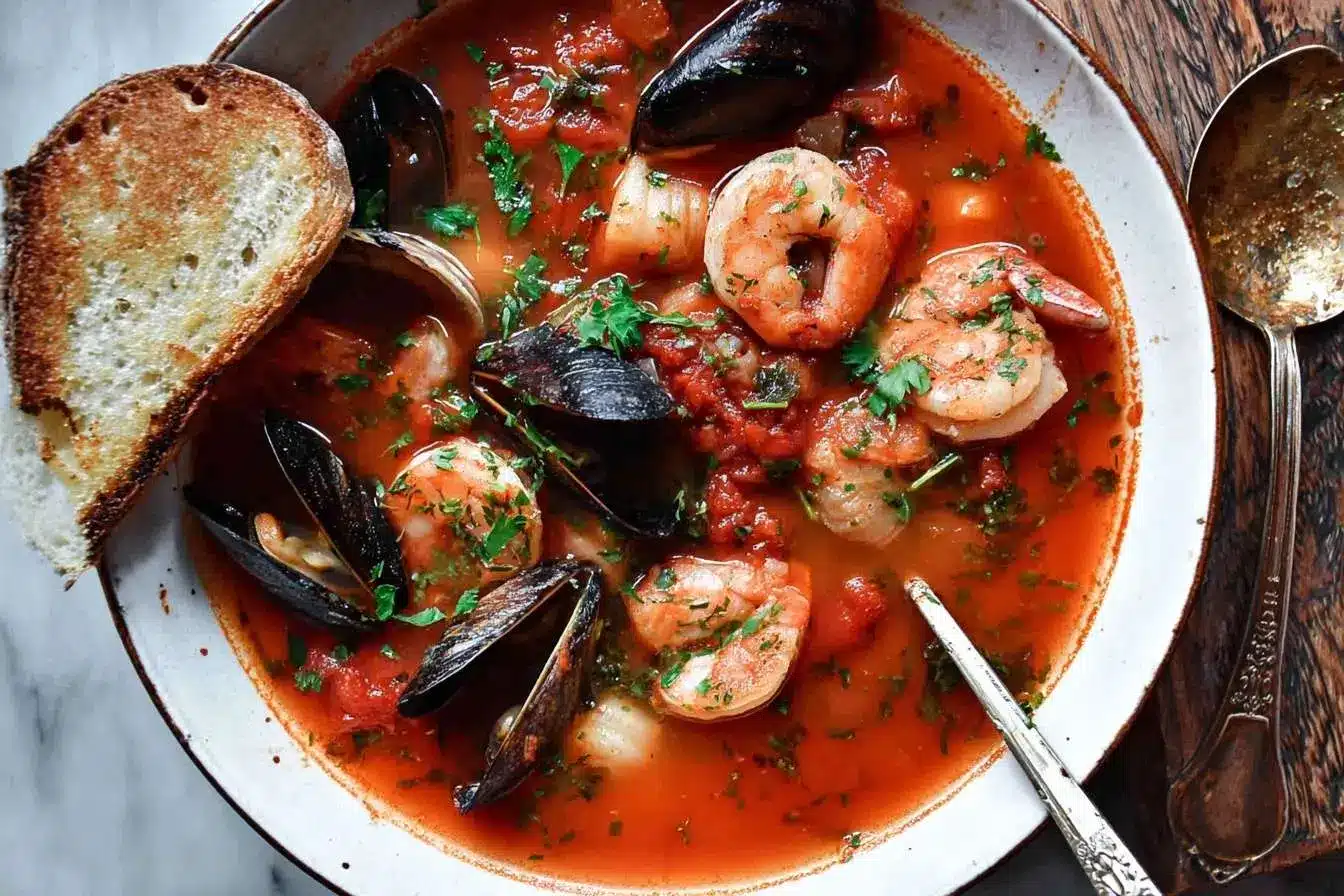 A rustic bowl of homemade cioppino, featuring a classic cioppino recipe with shrimp, mussels, and toasted bread for dipping.