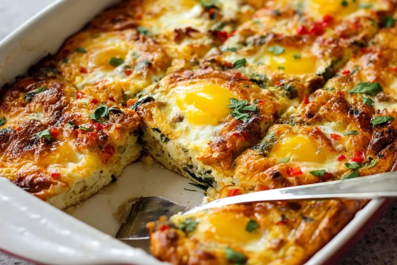 A golden-brown breakfast casserole in a white dish, topped with baked eggs and fresh herbs, with a slice being served.