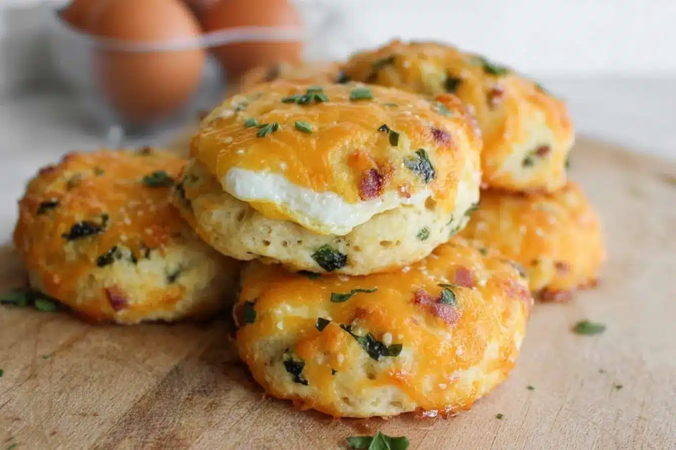 A close-up stack of freshly baked bacon egg and cheese biscuits, topped with melted cheddar on a wooden board.