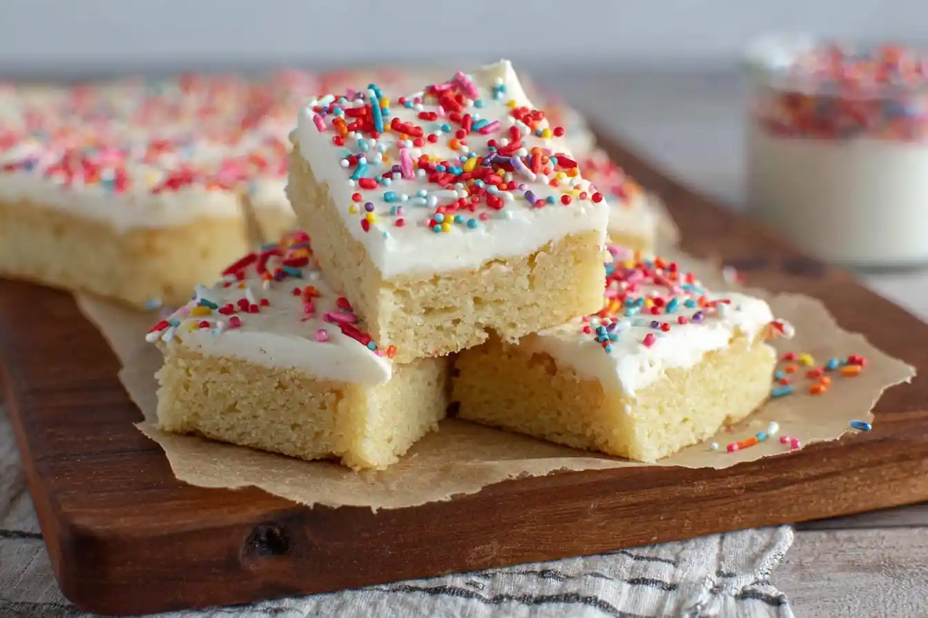 Stack of soft frosted sugar cookie bars with colorful sprinkles on a wooden cutting board.