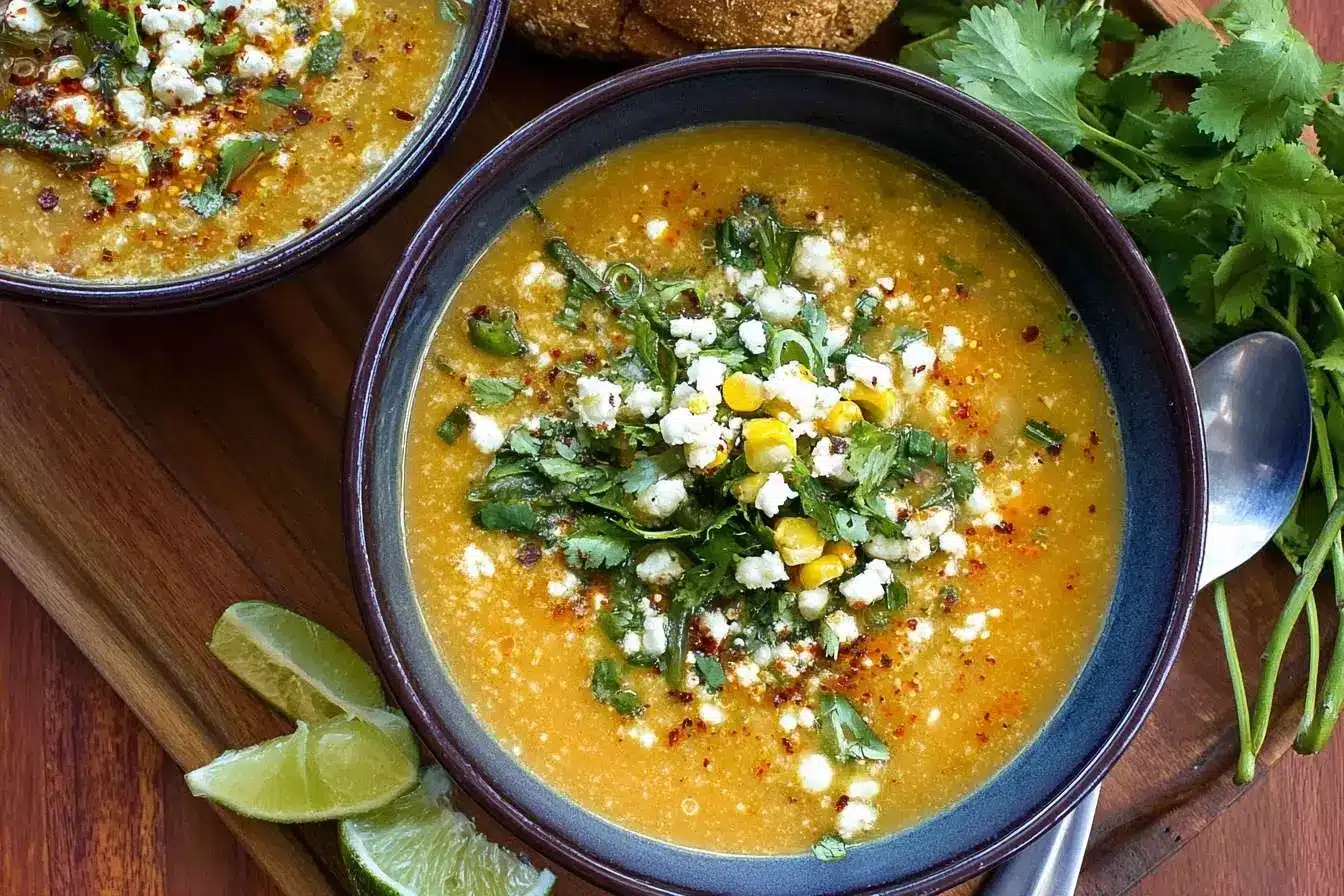 A delicious bowl of Mexican Street Corn Soup topped with cotija cheese, fresh cilantro, corn kernels, and a sprinkle of chili.