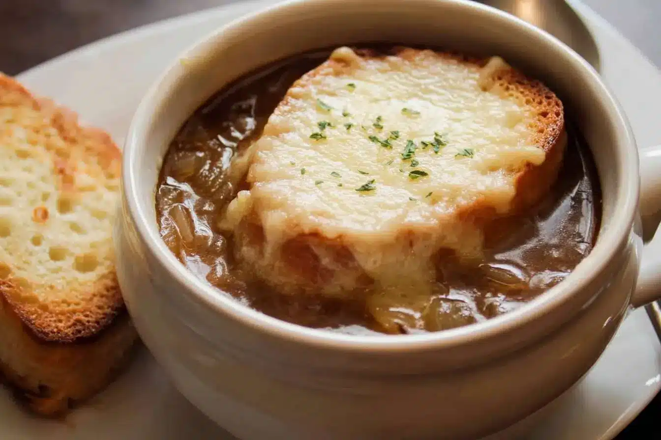 A close-up of a classic French onion soup in a white bowl, topped with a cheesy crouton and a sprinkle of herbs.