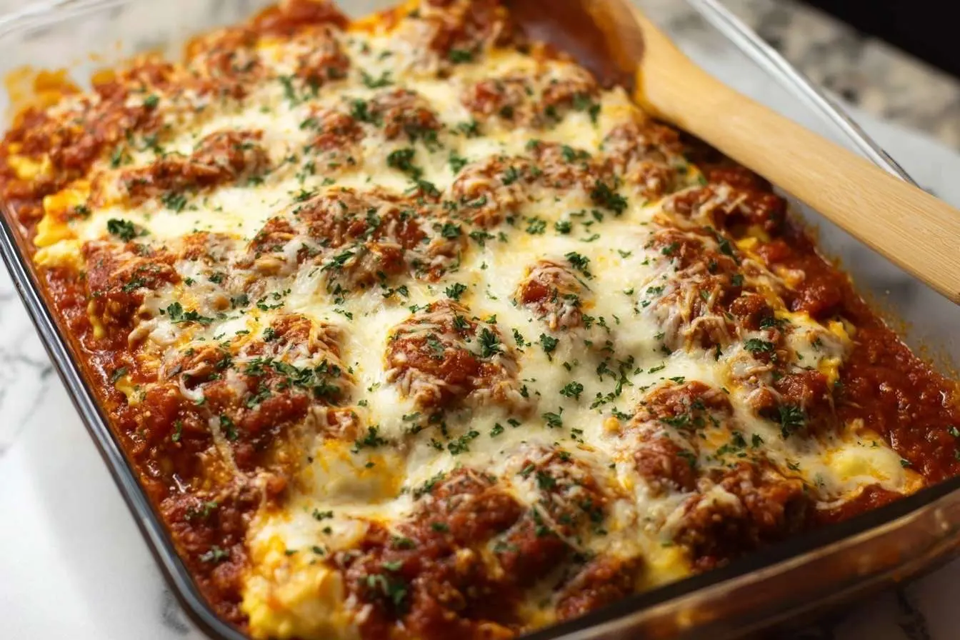 A cheesy {{ $('Fetch Recipe Data').first().json["Main Keyword"] }} fresh from the oven in a glass dish, topped with melted cheese and parsley.