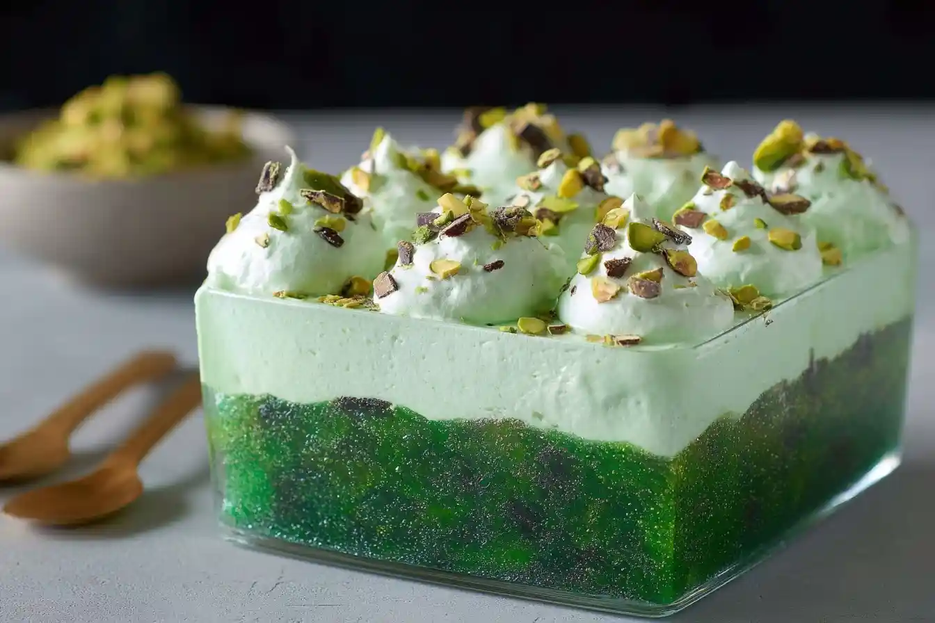 Square glass dish containing a layered Pistachio Lush dessert topped with whipped cream, chopped pistachios, and chocolate.