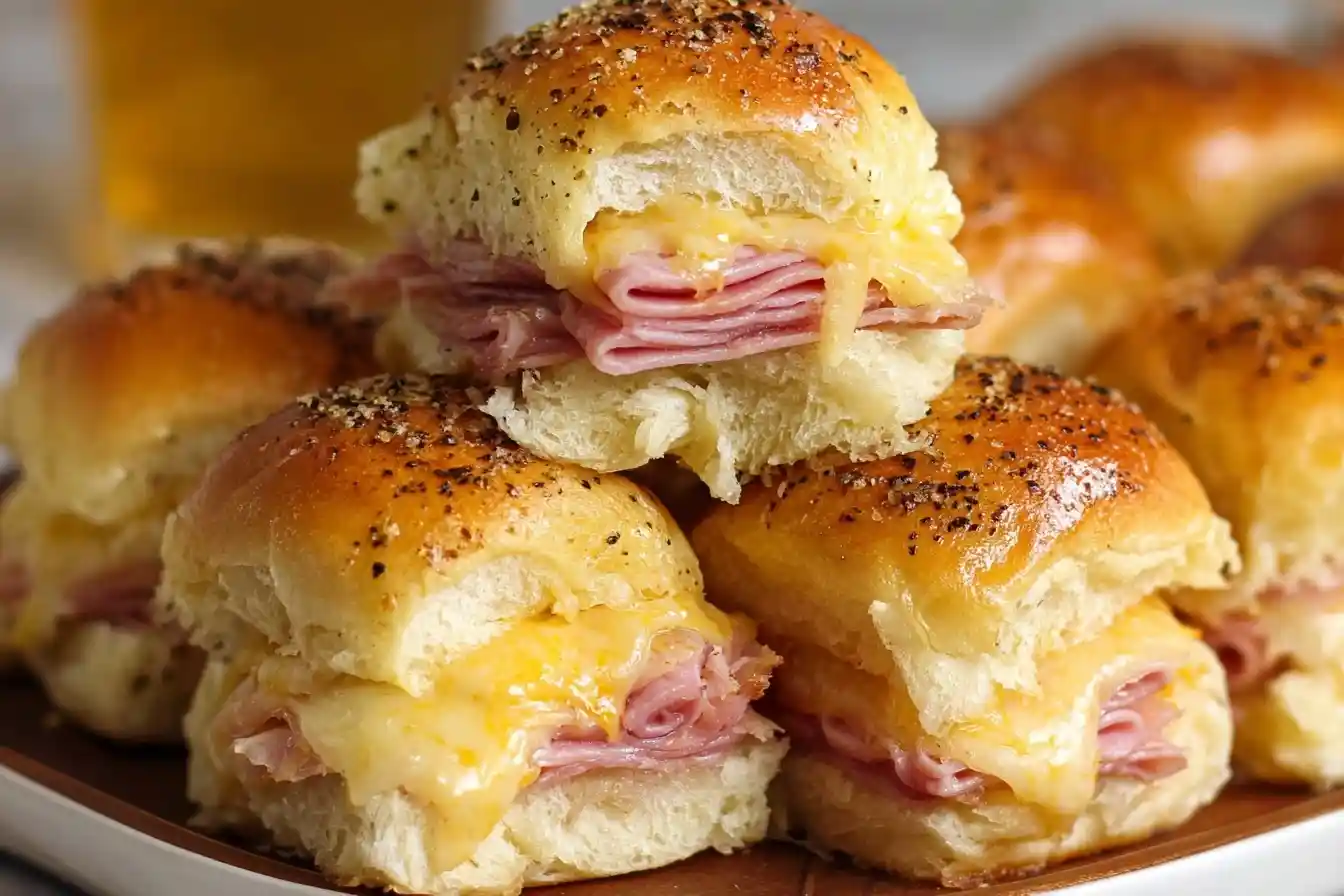 Close-up view of a stack of baked ham and cheese sliders with melted cheese and a savory glaze on soft rolls.