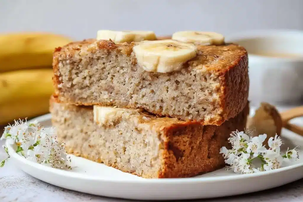 Two thick slices of {{ $('Fetch Recipe Data').first().json["Main Keyword"] }} stacked on a white plate, topped with fresh banana slices and garnished with white flowers.