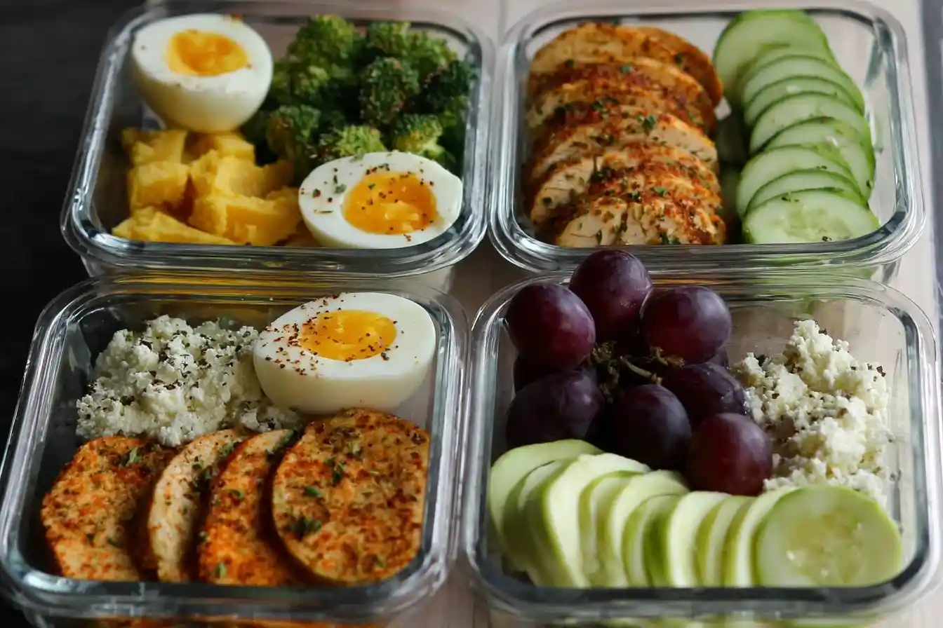 Overhead view of four glass containers filled with healthy meal prep foods like eggs, chicken, grapes, and broccoli